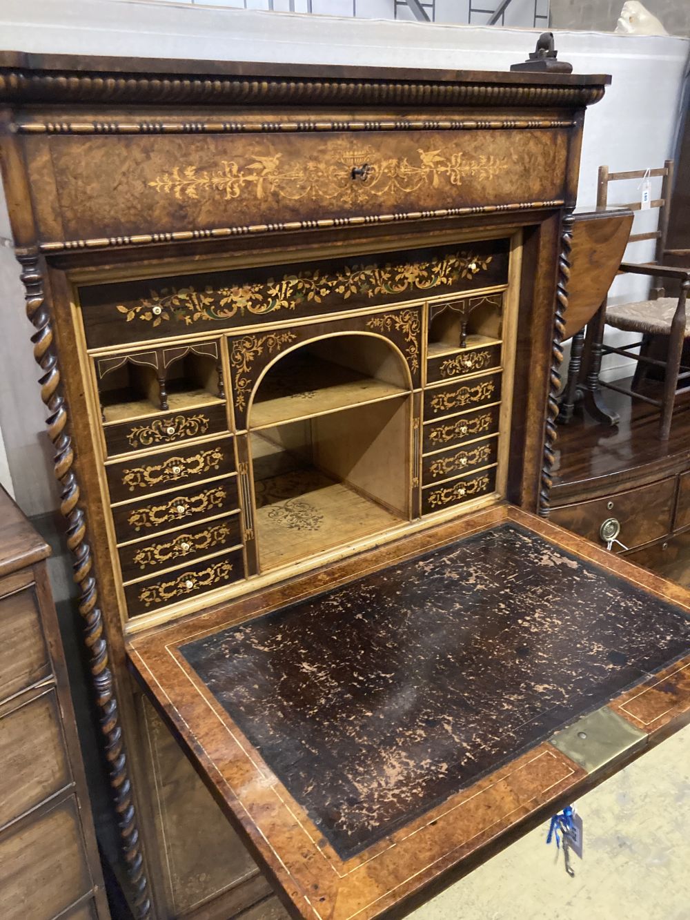 A 19th century French marquetry inlaid burr walnut secretaire à abbatant, width 104cm depth 52cm height 165cm